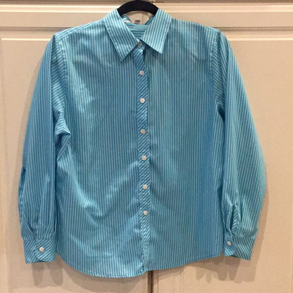 Foxcroft Turquoise & White Striped Wrinkle Free Shaped Fit Shirt